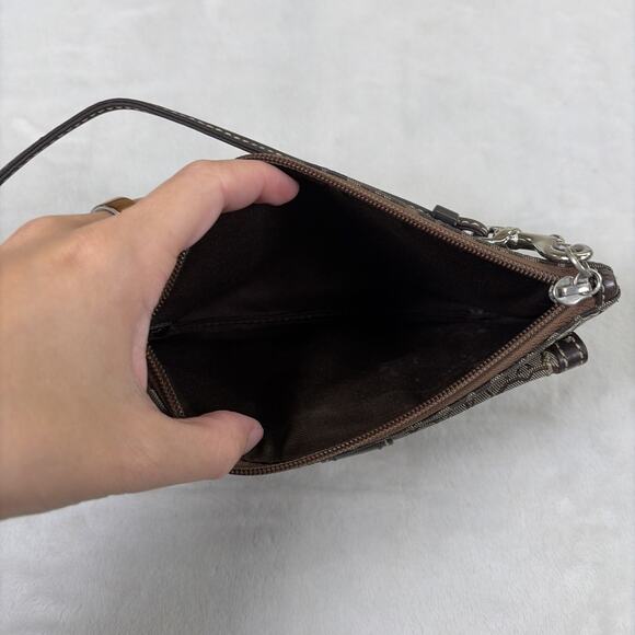 Coach Brown Canvas Signature C Jacquard Buckle Front Pocket Wristlet Mini Bag - Picture 5 of 16